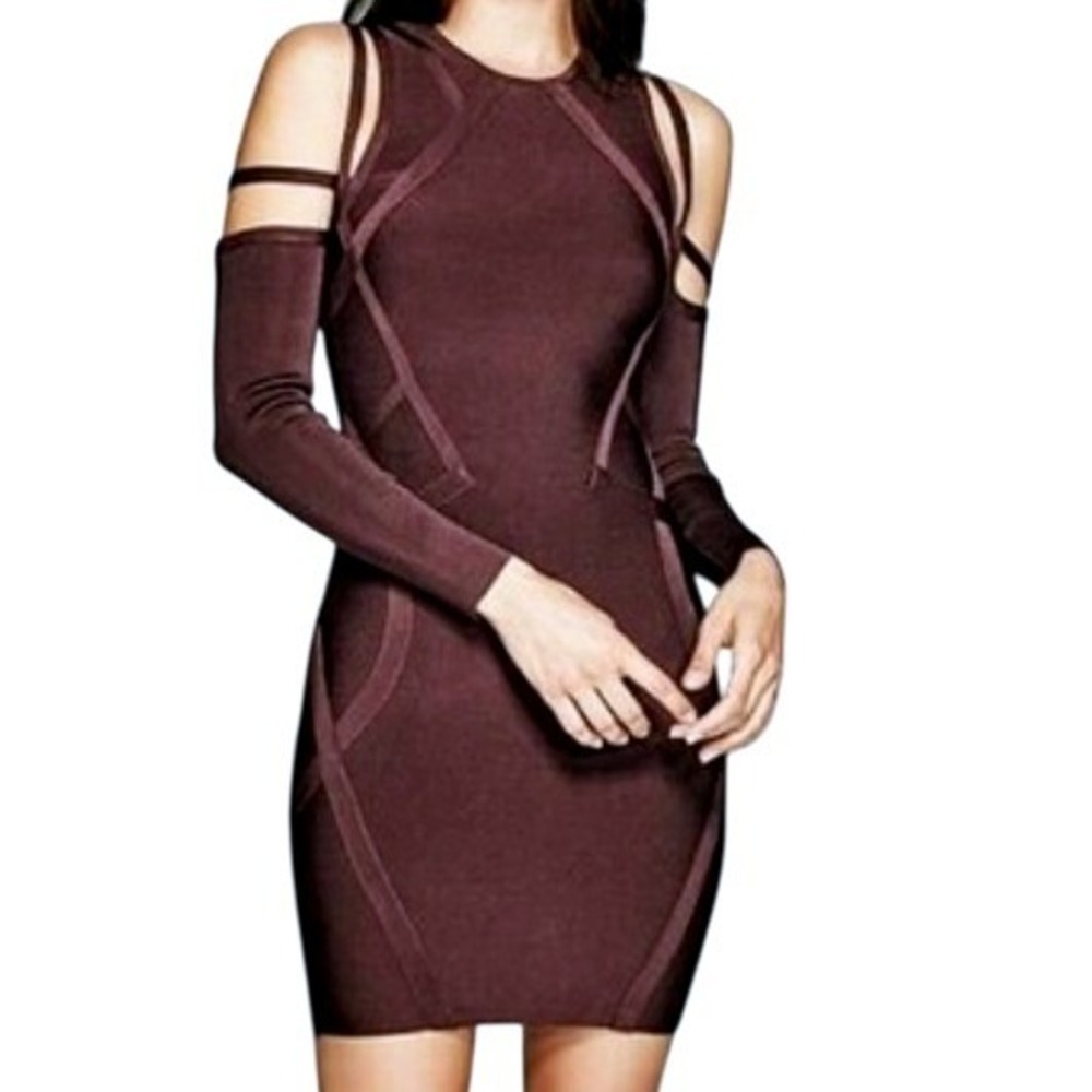 MARCIANO Women's Small Burgundy Bandage Cold Shoulder Long Sleeve Bodycon Dress